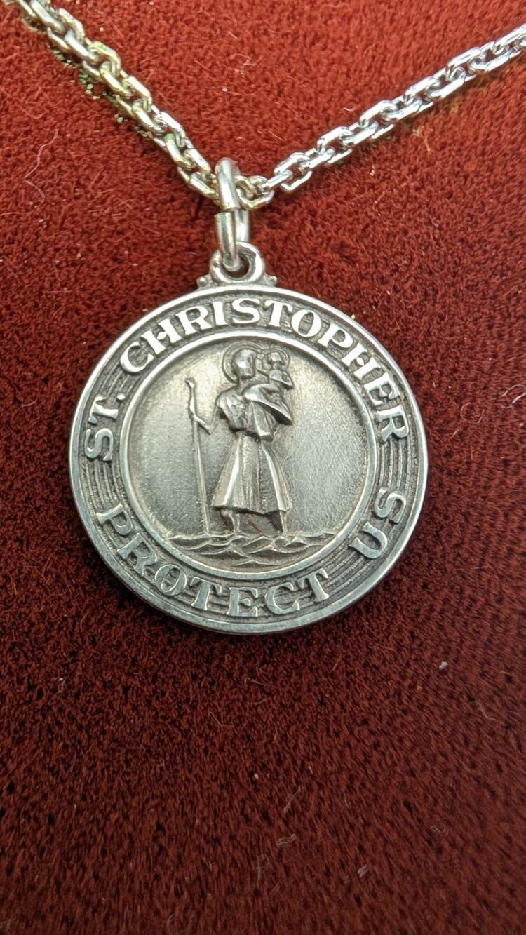 Vintage Walter E. Hayward St Christopher Protect Us Medal Pendant Necklace